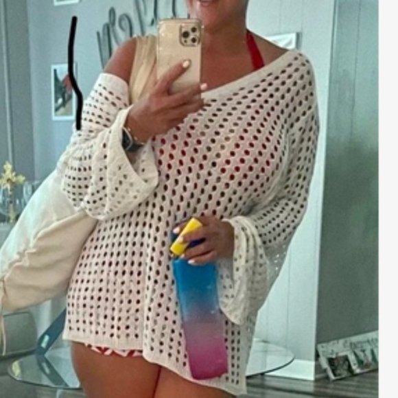 Boho hollow cut Knit Crochet Top beach vacation white - Picture 7 of 8